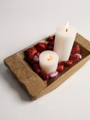 Crafted Dough Bowl Small Filled with Pillar Candles and Decorative Accents