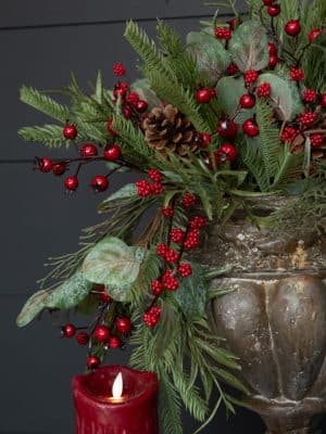 Faux eucalyptus pine pick with red berries and pine branches for seasonal arrangements.