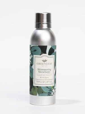 Shimmering Snowberry Room Spray in silver bottle with floral label, 7 oz.