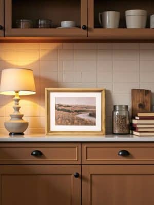 Framed valley landscape art in antique gold frame, displayed on kitchen counter with books and lamp.