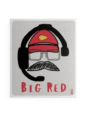 Big Red Swedish Dish Cloth with red cap, headset, and mustache design inspired by KC’s legendary coach.