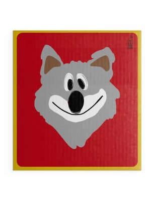KC Wolf Swedish Dish Cloth with mascot face on bold red background and gold trim.