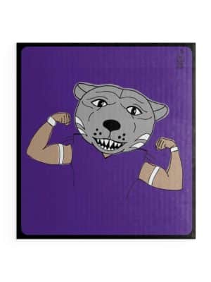 KSU Cat Swedish Dish Cloth with flexing Wildcat mascot on bold purple background.
