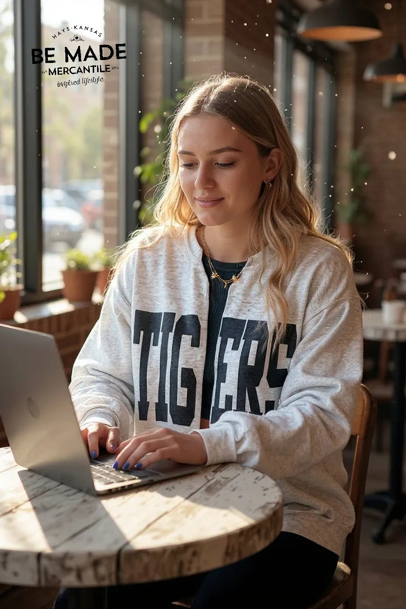 Woman wearing an ash gray oversized Tigers cardigan while working on a laptop at a coffee shop.