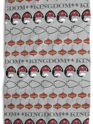 Chiefs Kingdom Christmas Tea Towel with ornaments, arrowheads, Big Red designs, and festive snowflake reverse side.