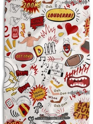 KC Chiefs Icon Tea Towel with gameday graphics and red-gold abstract backside design.