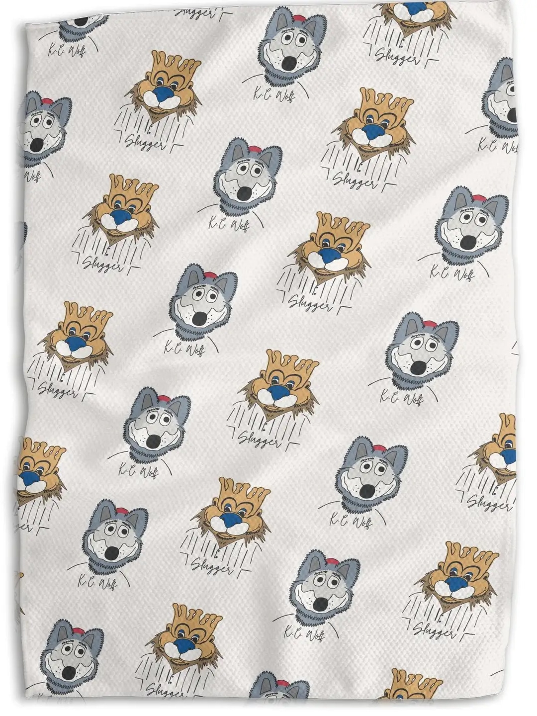 KC Chiefs & Royals Mascot Tea Towel with KC Wolf and Sluggerrr sketch design on front and golden plaid with KC Wolf detail on back.