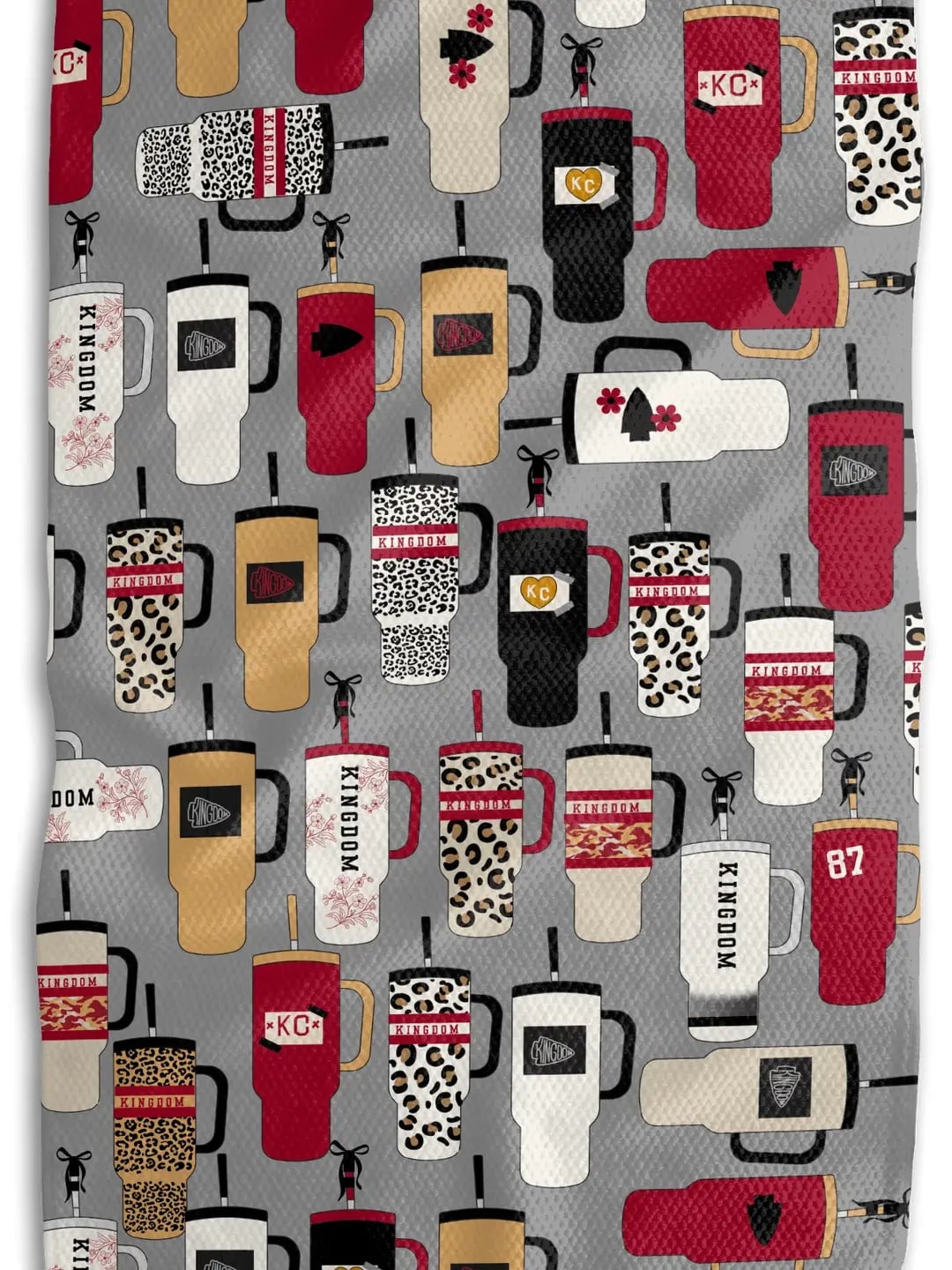 Chiefs Stanley & Leopard Print Tea Towel with KC-inspired Stanley cup pattern on front and leopard print on reverse.