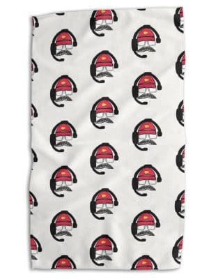 Double-sided KC Chiefs Big Red Tea Towel featuring bold red hat, headset, and mustache pattern on white microfiber.