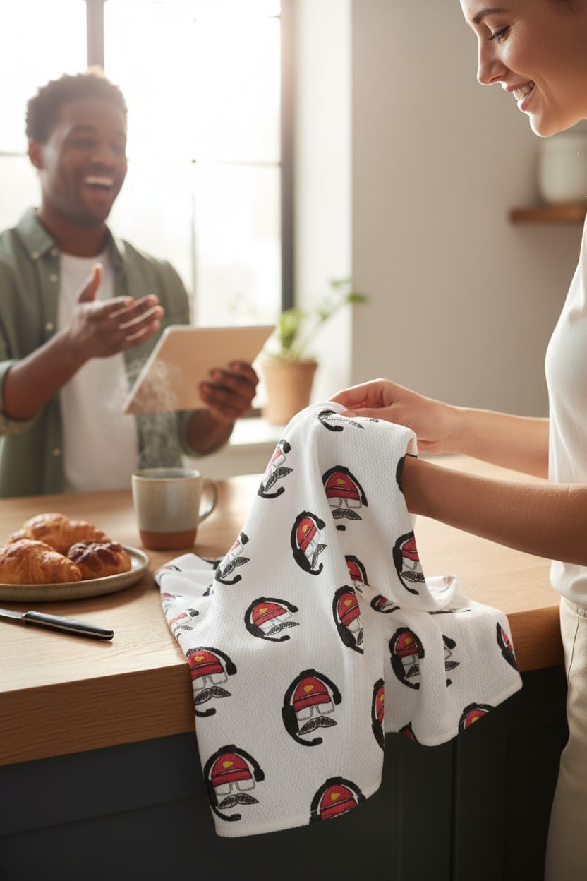 KC Chiefs Big Red Tea Towel with repeating red cap, headset, and mustache design, oversized microfiber waffle fabric.