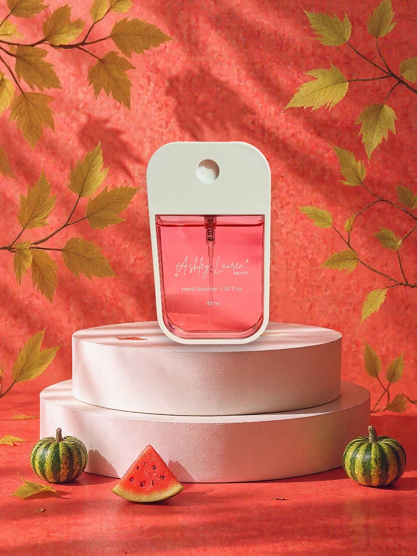 Watermelon Hand Sanitizer Spray in sleek white case with pink liquid, styled with watermelon and gourds.