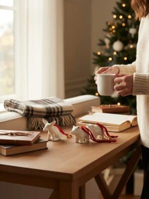 White ceramic woodland ornaments shaped like a moose, fox, and bear with gold accents and red ribbons, styled on a wooden table with books and a cozy blanket.