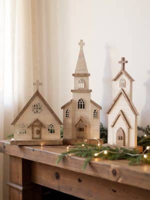 Set of three whitewashed wooden church figures styled with greenery and twinkle lights on a mantel.