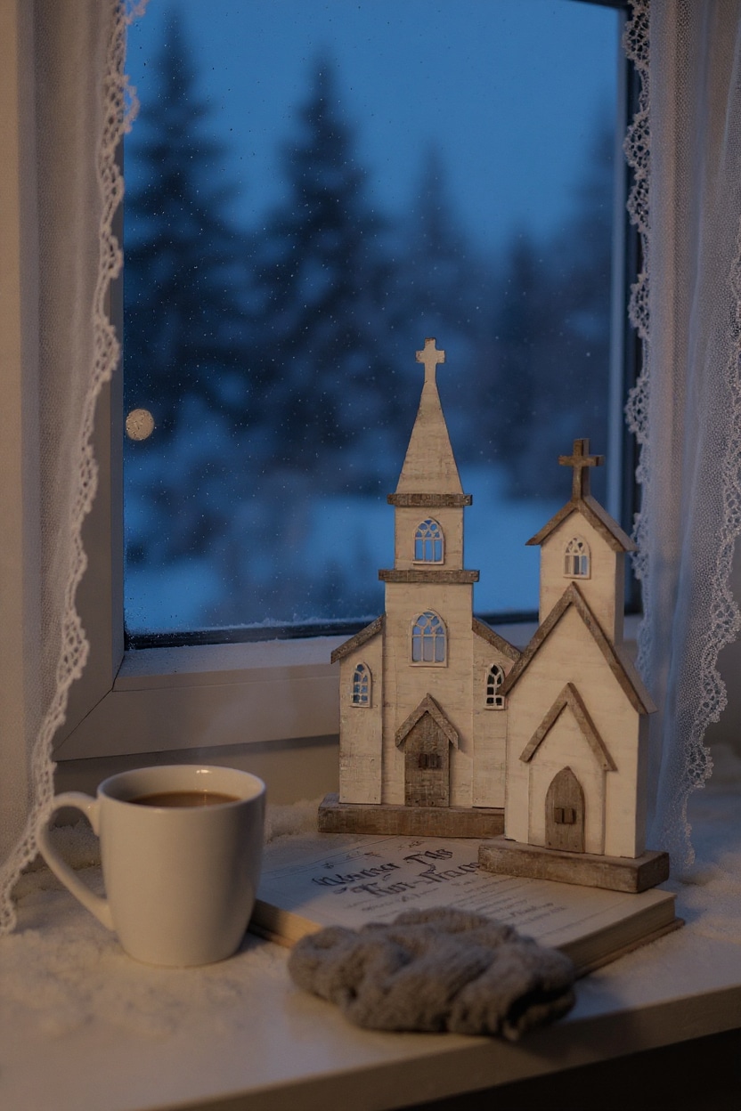 Whitewashed wooden church figures glowing in a cozy holiday window display with coffee cup.
