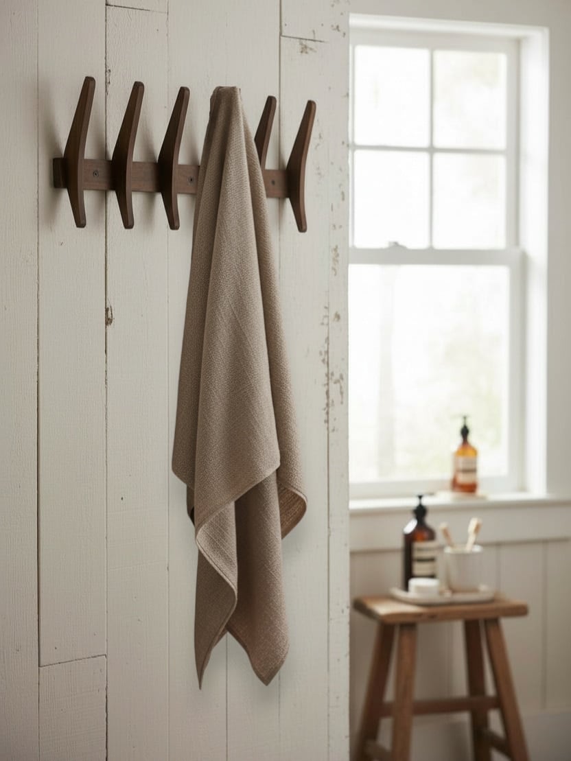 Large wood hanging wall rack with five rounded pegs holding a neutral towel in a bright, cottage-style bathroom with a window and simple styling.