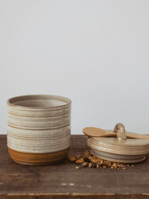 Be Made Hays, KS. Stoneware Jar with Lid and Wood Spoon, Set of 2 TAN BROWN