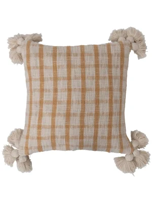 Be Made Hays, KS 18" Square Woven Cotton Slub Plaid Pillow w/ Tassels, Mustard & Cream