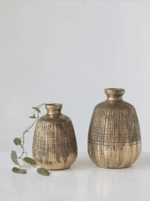 Be Made Hays, KS. 5-1/4" Round x 8"H Textured Terra-cotta Vase w/ Lines, Gold Finish
