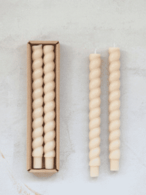 Be Made Hays, KS. 10"H Unscented Twisted Taper Candles in Box, Cream Color, Set of 2 (Approximate Burn Time 10 Hours)