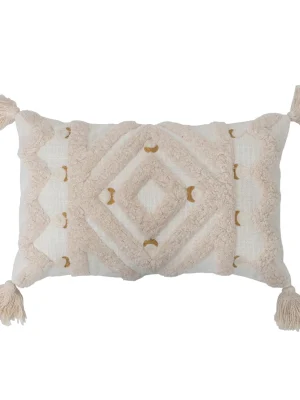 Be Made Hays, KS. 20"L x 12"H Cotton Tufted Lumbar Pillow w/ Embroidery & Tassels, Cream & Gold Color