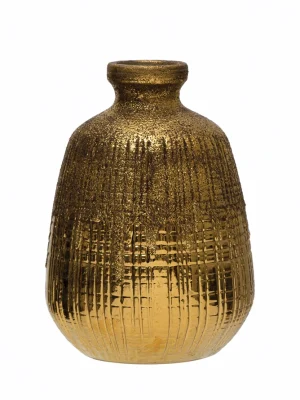 Be Made Hays, KS. 5-1/4" Round x 8"H Textured Terra-cotta Vase w/ Lines, Gold Finish