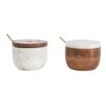 Be Made Hays, KS. 5-1/2" Round x 3-1/2"H Marble & Acacia Wood Bowl w/ Lid & Brass Spoon, Set of 2, 2 Styles