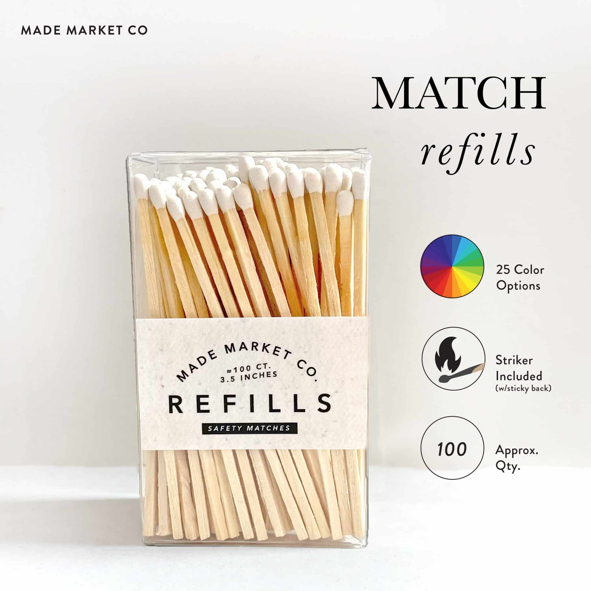 Clear plastic box of safety match refills with label and icons for color options, striker, and match quantity