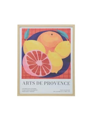 Wood-framed fruit wall art featuring colorful citrus fruits and "Arts de Provence" text