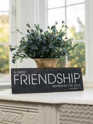 Black metal sign that reads “A Sweet Friendship Refreshes the Soul – Proverbs 27:9,” styled on a table next to a brass vase with flowers.