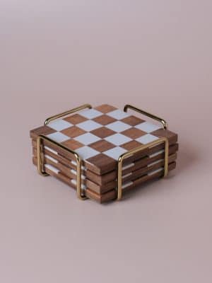 Checkered Wood Coasters with Stand stacked in stand side view