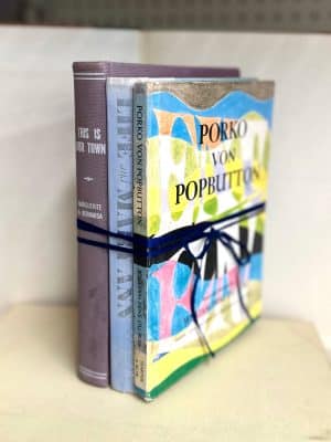 Colorful trio from the Decorative Vintage Books Set – Eclectic Modern, featuring vintage hardcovers tied with ribbon and styled upright