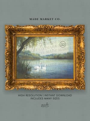 Swans vintage landscape digital art print framed in an ornate gold frame with product download details.