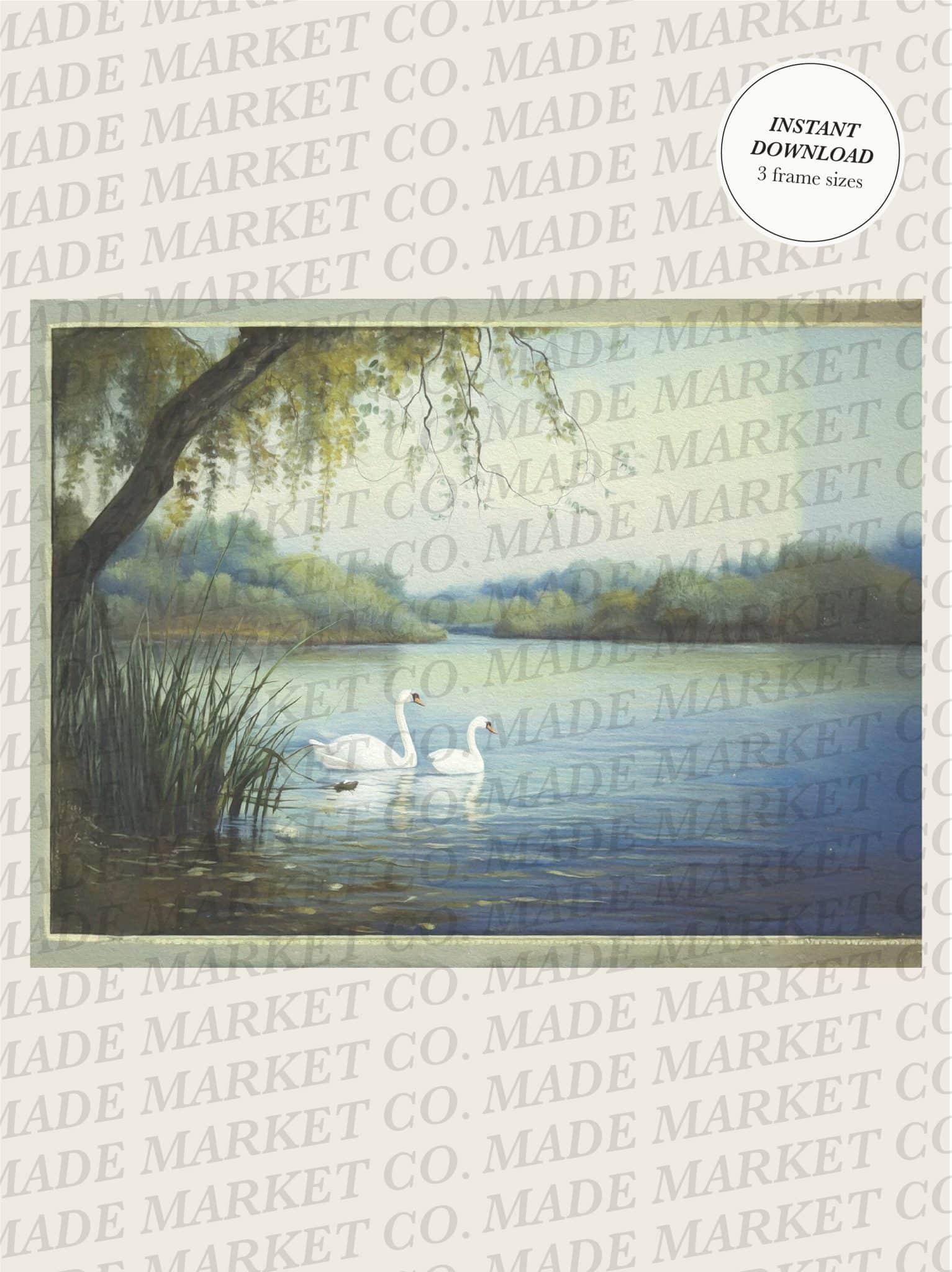 Full view of swans vintage digital art print showing two swans on a lake, labeled as an instant download.