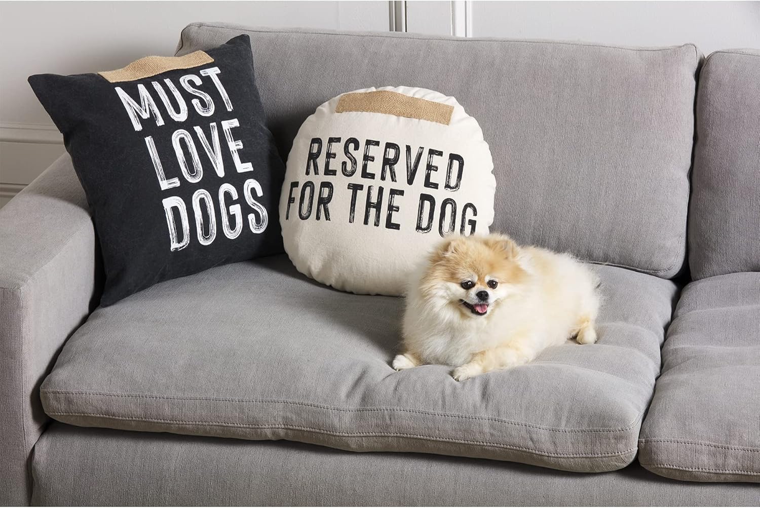 Black square pillow with white “MUST LOVE DOGS” lettering styled on a couch beside a round dog pillow.