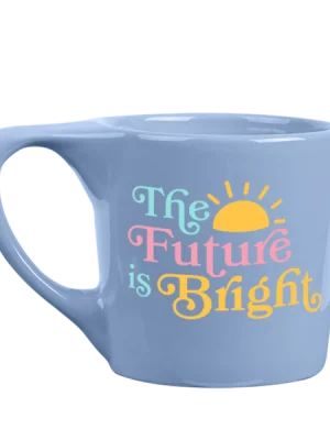 Light blue ceramic mug with colorful retro text that reads “The Future is Bright” and a yellow sun graphic.