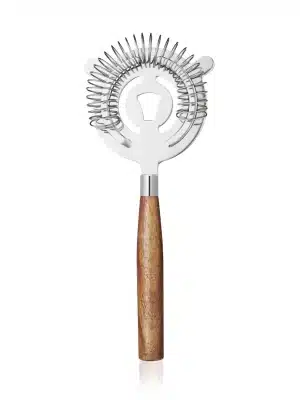 Close-up of cocktail strainer with coiled spring and acacia wood handle on a white background.