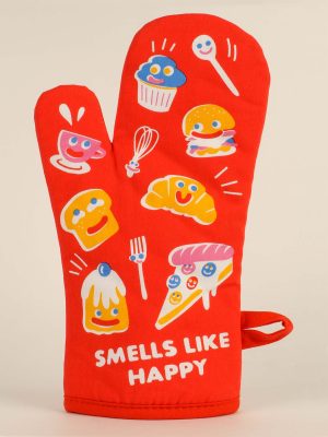 Red oven mitt with smiling food illustrations and the phrase "Smells Like Happy" in white text.