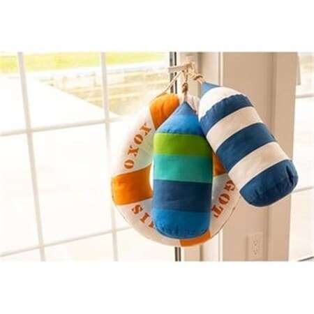 Close-up of navy and white cotton canvas buoy pillow with soft filling and nautical rope detail.