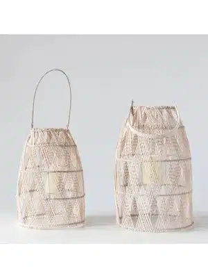 Close-up of two Bamboo Lanterns with glass inserts and woven detail.