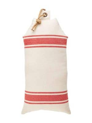 Red and natural striped buoy-shaped pillow with rope loop on top, displayed against a white background