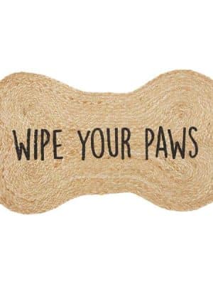 Natural braided jute door mat shaped like a dog bone with bold “Wipe Your Paws” text