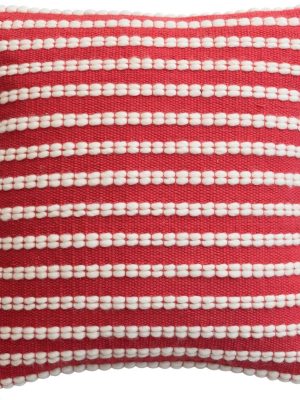 Square throw pillow with red and white horizontal woven stripes.