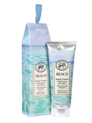 Michel Design Works Beach Hand Cream with gift-ready ocean-themed packaging and 2.5 oz moisturizing tube.