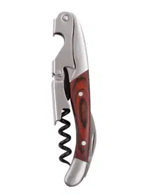 Close-up of stainless steel and wood corkscrew with double-hinged arm and built-in foil cutter on white background.