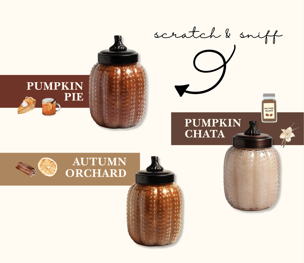 Pumpkin Glass Candle collection in three scents—Pumpkin Pie, Pumpkin Chata, and Autumn Orchard—styled with warm seasonal icons.