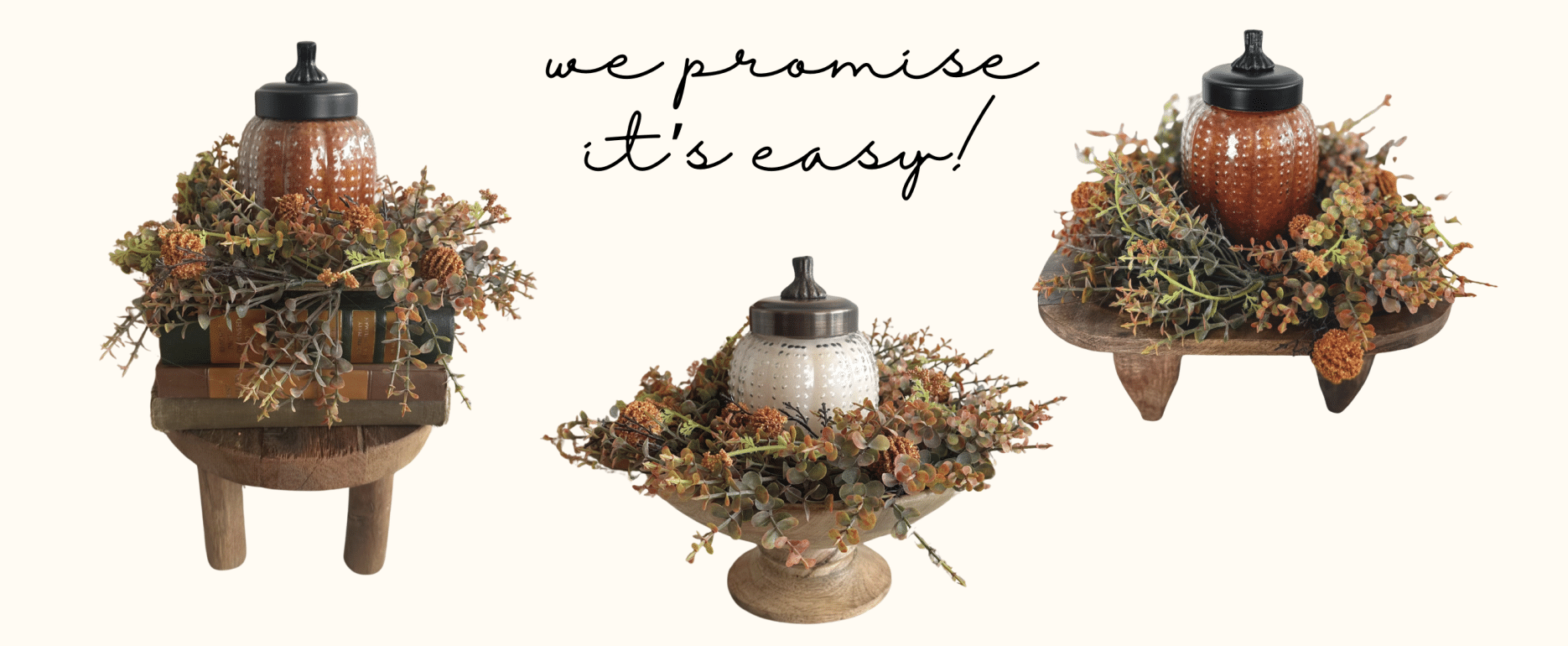 Three styled fall centerpieces featuring pumpkin glass candles inside orange pincushion floral rings, displayed on stacked vintage books, a pedestal bowl, and a primitive wood stool.