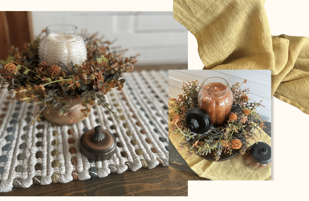 Fall display with white and amber pumpkin glass candles, styled inside orange pincushion floral rings on wood bases and table runners.