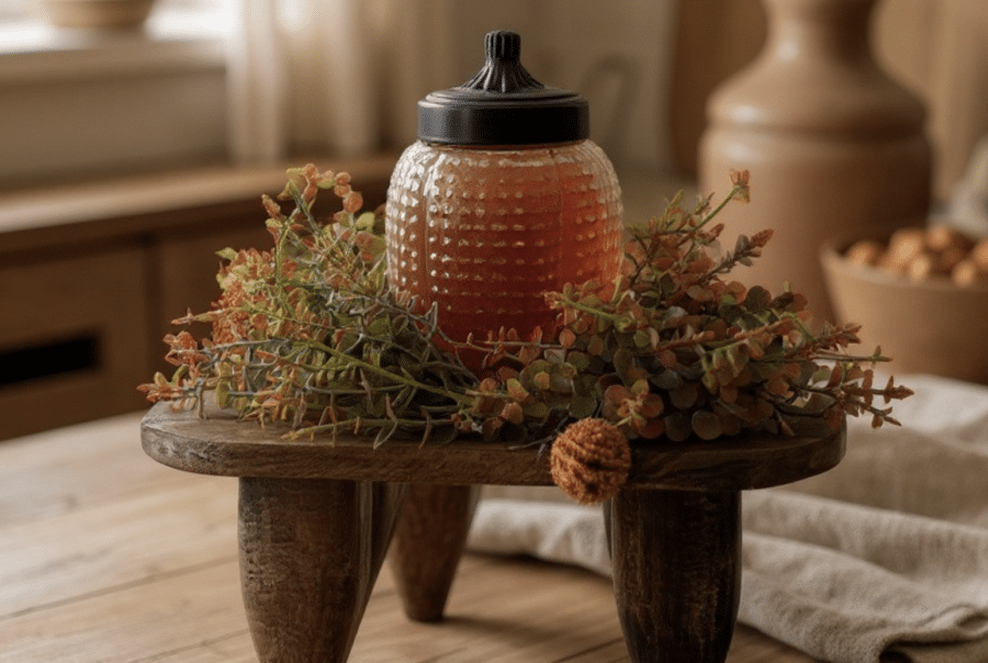 Pumpkin Pie glass pumpkin candle nestled in an orange pincushion large floral candle ring, styled on a square wood primitive stool.