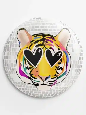 Heart-Eyed Disco Tiger Button featuring colorful tiger face with heart eyes over a disco ball background, perfect for gameday spirit.