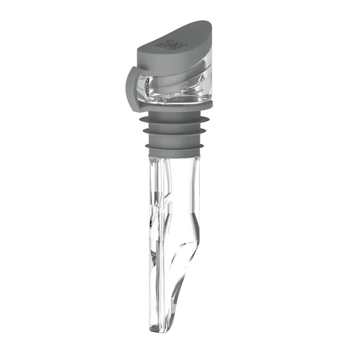 Close-up of the Mini Aerial Wine Aerator Pourer with gray top and clear body.